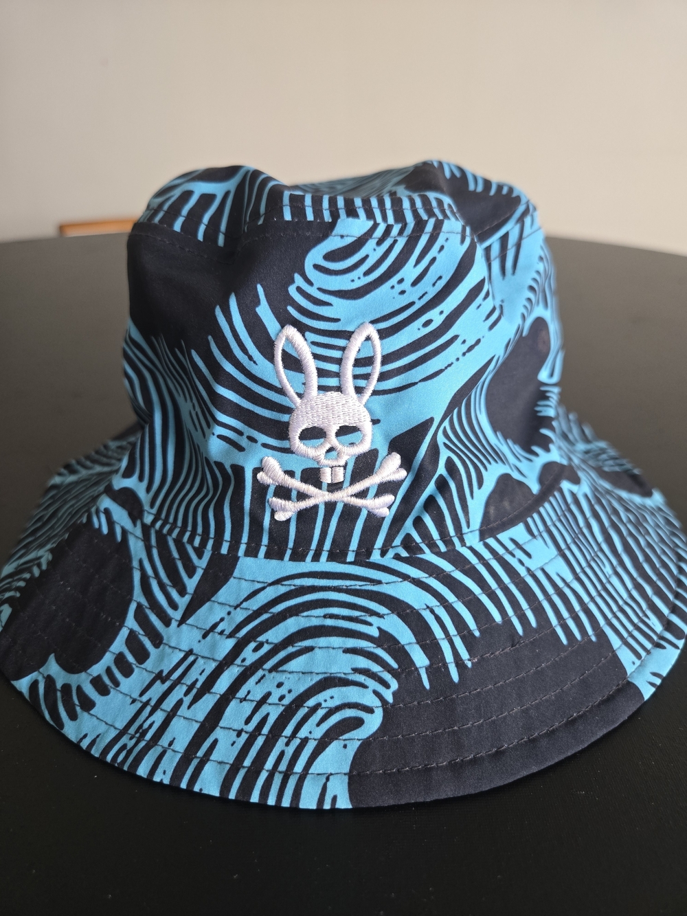 Psycho Bunny Reversible Bucket Hat Blue Black Wave Abstract Print Logo OS